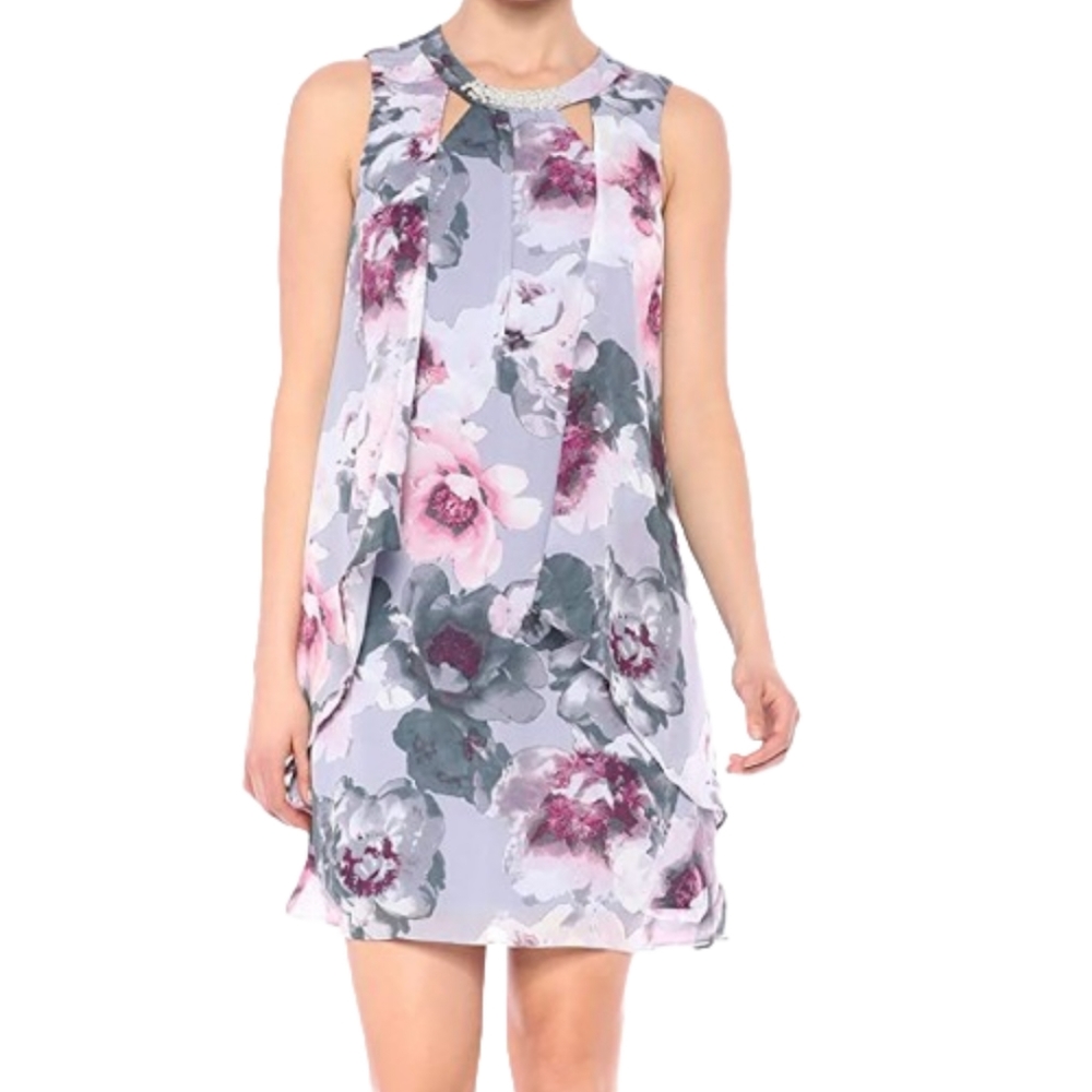 SLNY Chiffon Dress Mini Purple Floral Cottage Y2k Granny Vintage Plus 16W